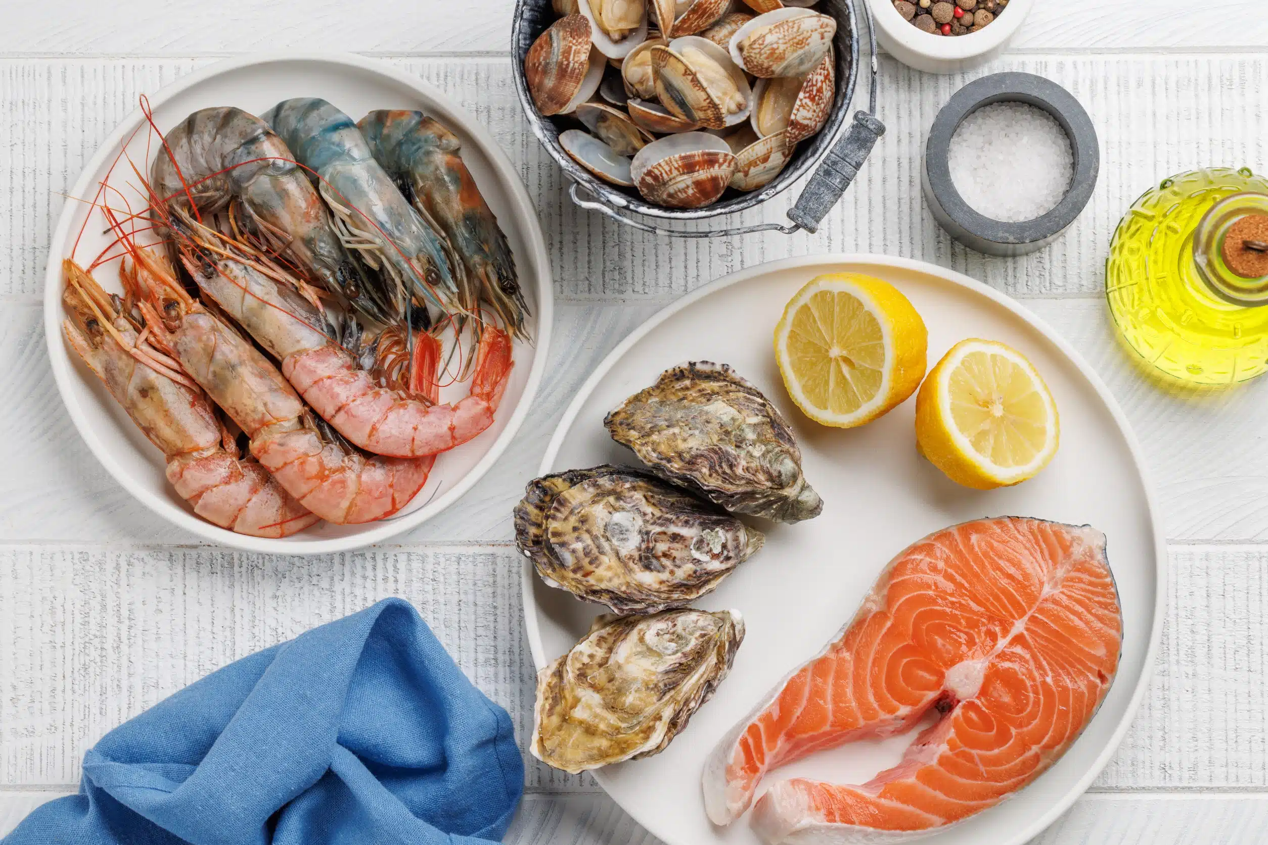 saumon, huitre et crevettes